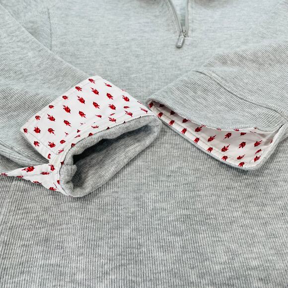 ORVIS Gray Heather Knit Pullover 1/4 Zip Contrast Red Floral Trim Top M - Picture 5 of 11